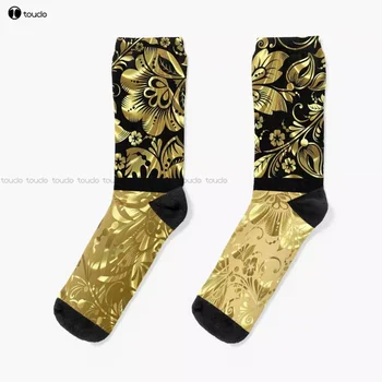 Черные и блестящие золотые Носки с цветочным штофным рисунком, Персонализированные Носки Унисекс для взрослых, подростков и молодежи с цифровой печатью 360 °