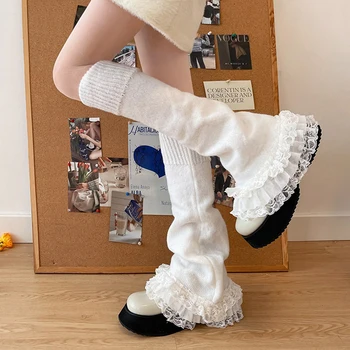 Японские Вязаные Гетры в стиле Лолиты 2000-х годов, Ретро-Гофрированные Кружевные Носки До Икры Y2K Fairycore Kawaii, Расклешенные Высокие Чулки Для Женщин